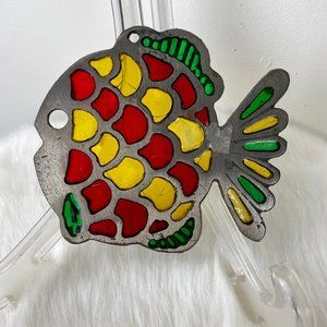 Vintage Metal Fish Shaped Trivet Hot Plate Hanging Stained Glass Red Yellow Gree